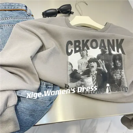 美式人像字母印花卫衣女春季新款宽松个性酷帅街头感休闲圆领上衣商品大图