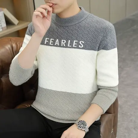 毛衣男士秋冬季潮流宽松内搭针织打底衫加厚冬装休闲保暖撞色线衣商品大图