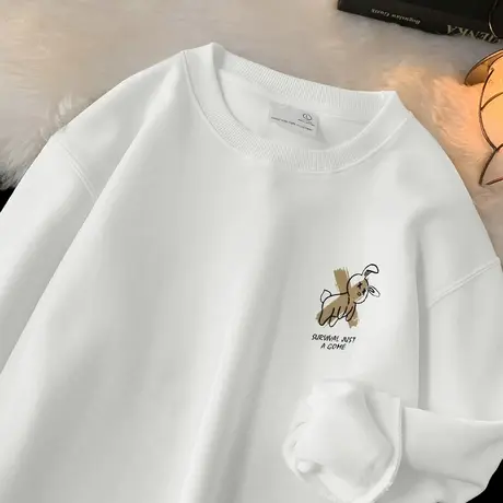 320g重磅白色卫衣男长袖t恤秋冬加绒加厚圆领无帽上衣服潮流百搭商品大图