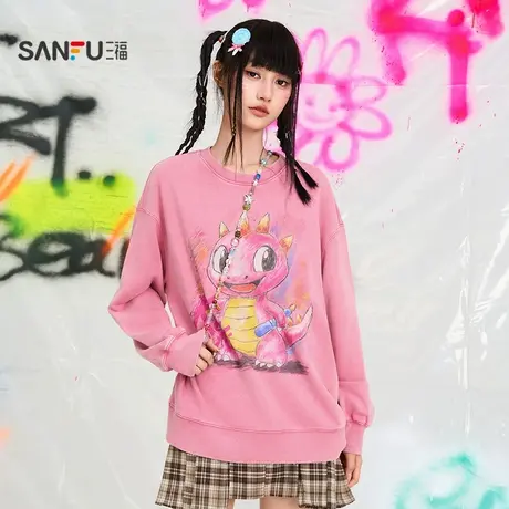 三福卫衣2025秋季可爱恐龙印花宽松磨破圆领上衣女装508125商品大图