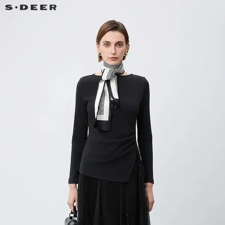 sdeer圣迪奥女装一字领压褶开叉不规则长袖T恤S23480204图片