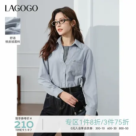 LAGOGO蓝色假两件长袖衬衫女拉谷谷2025年早秋新款拼接双层领上衣图片