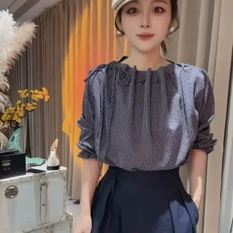 法式气质抽绳格子长袖衬衫2024新款女早秋小众别致显瘦设计感上衣图片