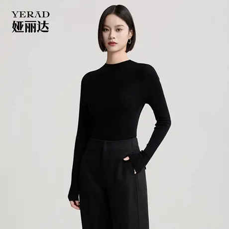 【商场同款】娅丽达100纯羊毛针织衫女秋冬新款黑色内搭气质毛衣图片