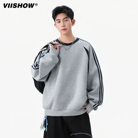 VIISHOW潮牌圆领撞色卫衣男秋季宽松休闲上衣美式情侣运动打底衫商品大图