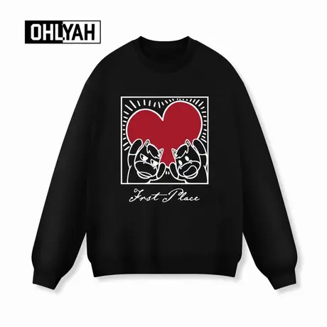 Ohlyah品牌马年秋冬情侣爱心万岁卡通印花落肩卫衣男女款休闲圆领商品大图