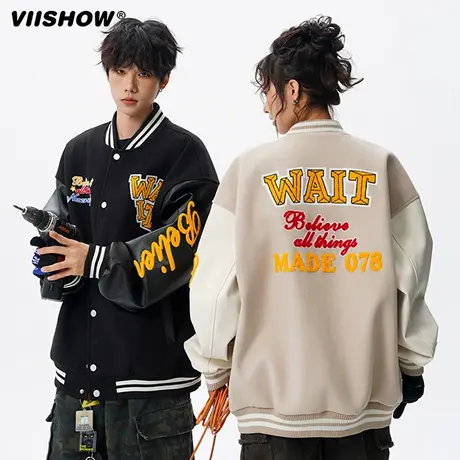 VIISHOW美式复古设计感涂鸦刺绣夹克男生秋季休闲宽松棒球服外套商品大图