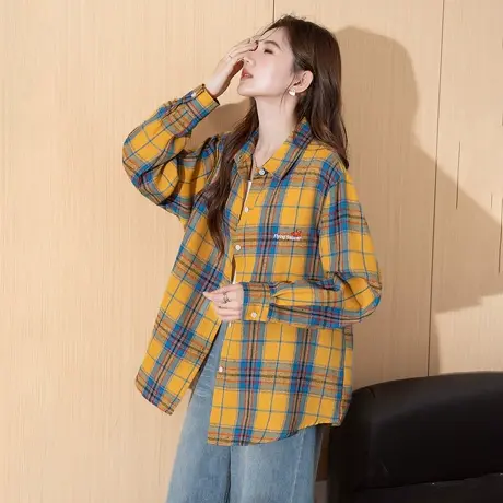 唐狮新款女长袖格子衬衫衬衣外套百搭休闲超好看时尚潮流夹克TM图片
