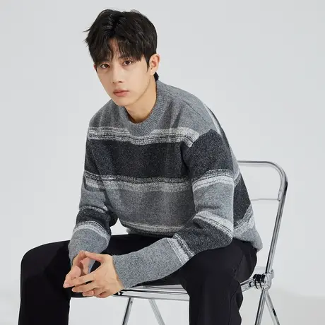 唐狮男士毛衣冬季新款圆领拼接高级感针织港风日系宽松上衣潮TD图片