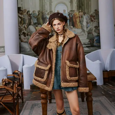 复古拼接PU皮棉服女冬季加厚羊羔毛外套2023潮牌美拉德棉衣棉袄商品大图