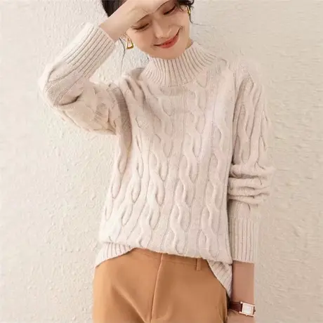 半高领女士毛衣秋冬加厚针织衫纯色麻花上衣慵懒风复古宽松毛衣女商品大图