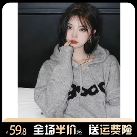 连帽毛衣女潮牌小众设计感秋冬2023年新款美式复古慵懒风针织外套图片