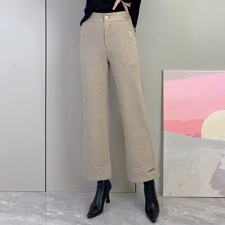 毛呢九分阔腿裤女秋冬2023新款高腰宽松翻边直筒裤通勤时尚休闲裤商品大图