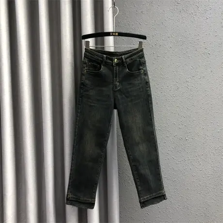 港风小个子牛仔直筒裤女23秋冬新款深蓝色复古高腰加绒保暖烟管裤商品大图