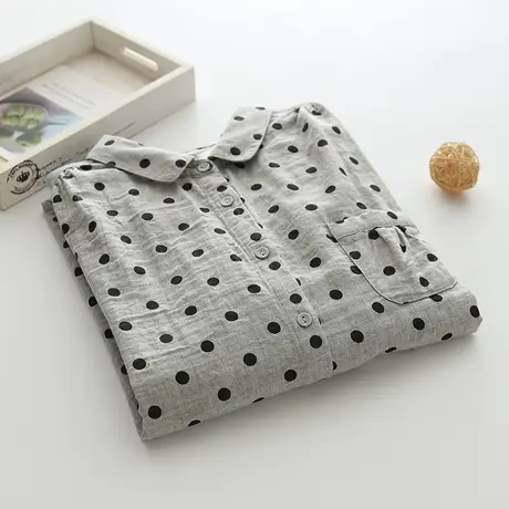 春秋款双层棉纱圆点长袖衬衫女休闲韩范衬衣波点打底上衣商品大图