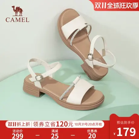 骆驼女鞋2023年夏新款真皮一字带厚底粗跟露趾罗马凉鞋女时装凉鞋图片
