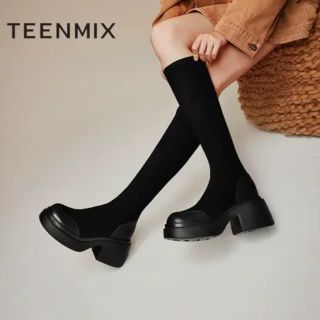 天美意厚底弹力长靴骑士靴高筒女鞋靴子2023冬CPB80DG3商品大图