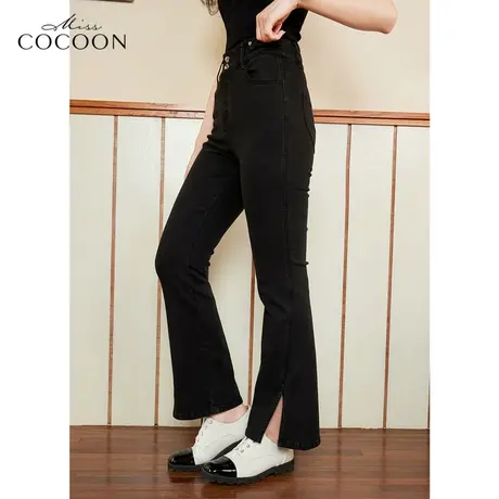 missCOCOON黑色牛仔裤女2023新款春秋高腰修身开叉时尚微喇长裤子商品大图