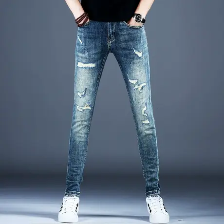 破洞裤子秋季男款小脚修身牛仔裤高端2023新款痞帅高级感美式高街商品大图