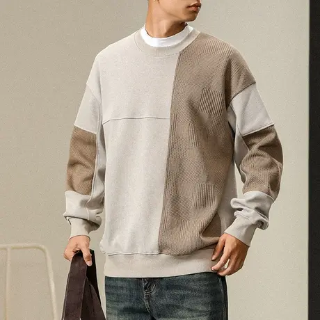 圆领时尚卫衣男秋冬百搭卫衣针织毛衣拼接撞色高档男士百搭卫衣图片