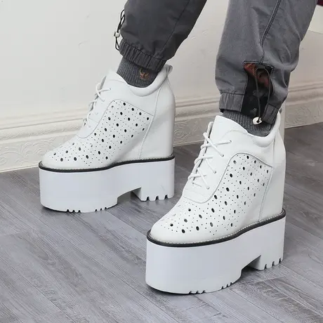 白色厚底松糕鞋女粗跟休闲单鞋17cm高跟真皮镂空小个子内增高女鞋商品大图