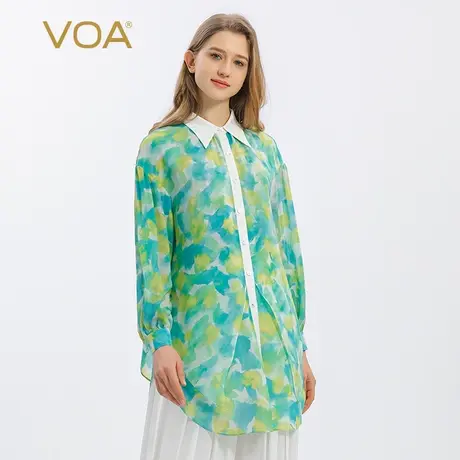 VOA乔其纱印花桑蚕丝尖领长袖双层面料下摆开叉透气凉爽真丝衬衫图片