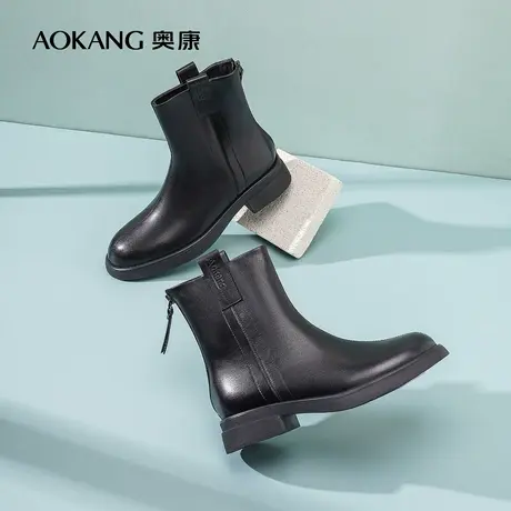 【门店发货】奥康女鞋冬季女士靴子中筒加绒保暖粗跟百搭显瘦短靴图片