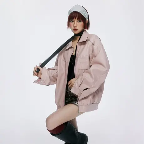 美式复古街头潮牌皮衣女2023新款春秋款纯色pu皮夹克外套宽松上衣商品大图