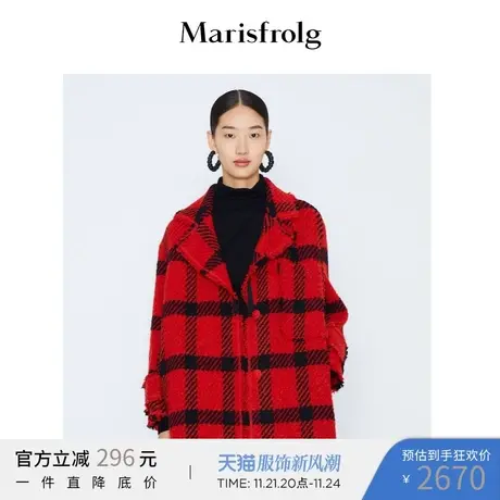 【商场同款】玛丝菲尔毛呢外套女冬新款格子短款红色呢子大衣商品大图