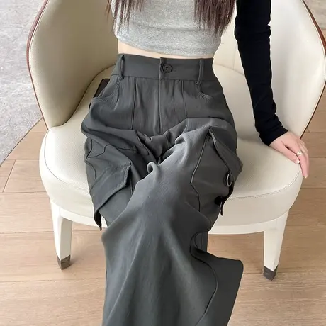束脚工装裤女春秋季2024年新款灰色高腰直筒美式复古休闲阔腿裤子商品大图