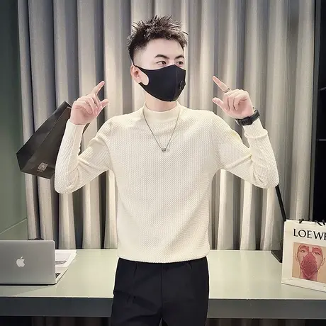 冬季潮牌纯色肌理感小高领针织衫体恤ins个性休闲小众打底衫毛衣商品大图
