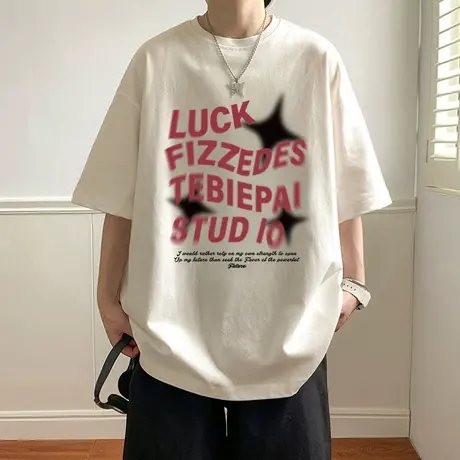 夏季短袖T恤男设计感小众纯棉模糊印花体恤港风oversize潮流半袖商品大图