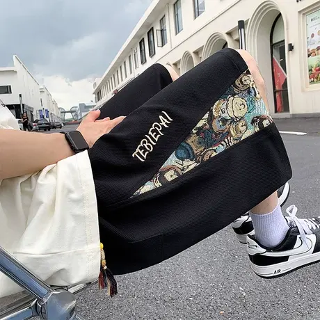 国潮设计vintage小熊拼接短裤男夏季薄款裤子潮牌ins高街运动中裤商品大图