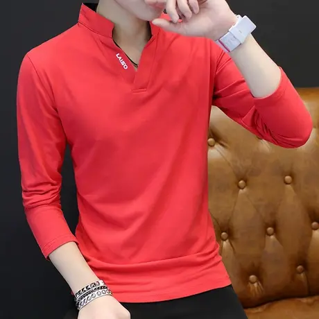 秋季长袖t恤男潮流立领Polo衫男士纯棉冰丝体恤V领红色上衣服ins商品大图