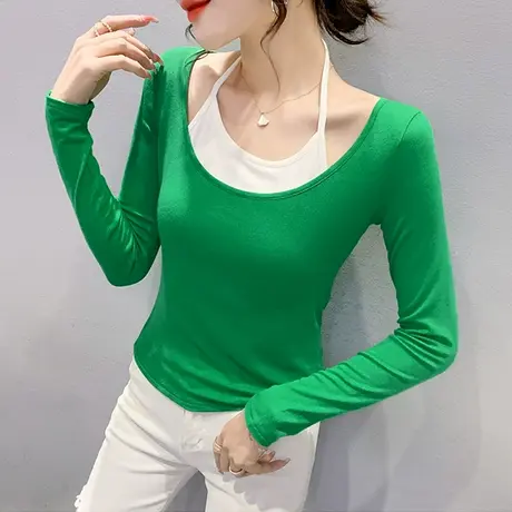 撞色假两件上衣女性感镂空挂脖长袖T恤2023年新款洋气修身打底衫商品大图