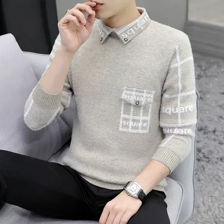 男士衬衫领毛衣2023春秋冬季新款翻领韩版潮流个性线衣服针织衫商品大图
