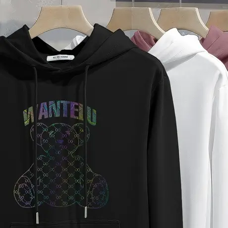 2024新款黑色卫衣男连帽秋冬加绒宽松潮流百搭小熊带帽衫长袖外套商品大图