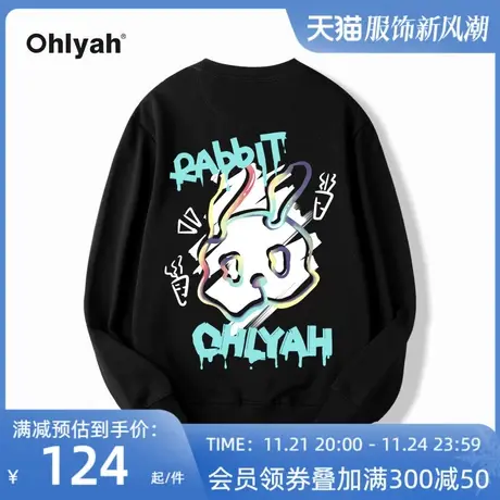 Ohlyah街头潮牌小兔子印花圆领卫衣女秋季国潮情侣宽松白色上衣商品大图
