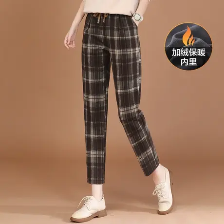 韩潮袭人松紧腰格纹加绒休闲裤女2023冬装新款宽松百搭哈伦长裤子图片