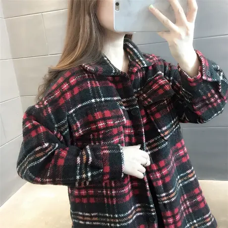 加厚外穿中长款格子衬衫女秋装2023新款韩版宽松慵懒长袖衬衣外套图片