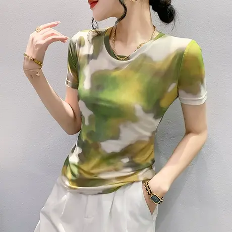 时尚扎染印花T恤女短袖气质漂亮减龄圆领小衫性感网纱修身上衣夏图片