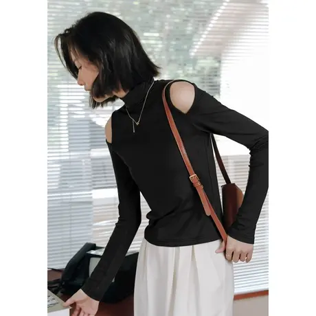 弥古黑色半高领打底衫露肩长袖莫代尔针织t恤女春秋咖色内搭上衣图片