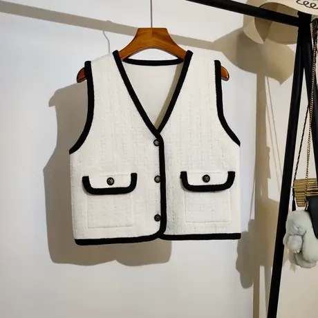 小香风针织马甲开衫女秋冬新款韩版v领百搭无袖毛衣背心坎肩外套图片