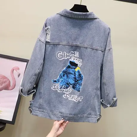 破洞牛仔外套女ins潮印花网红2023春秋新款韩版宽松bf夹克牛仔衣商品大图