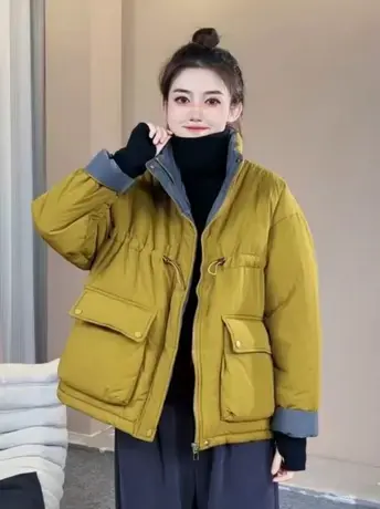 立领撞色时尚加厚棉衣外套女2023秋冬新款韩版宽松显瘦大口袋棉服图片