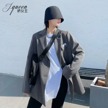 西装外套女秋季BF宽松休闲通勤百搭廓形灰色高级感宽肩时髦小西服图片