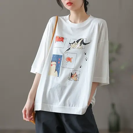 dza复古纯棉夏季半袖薄款短袖t恤女士新款漂亮短款上衣宽松打底衫商品大图