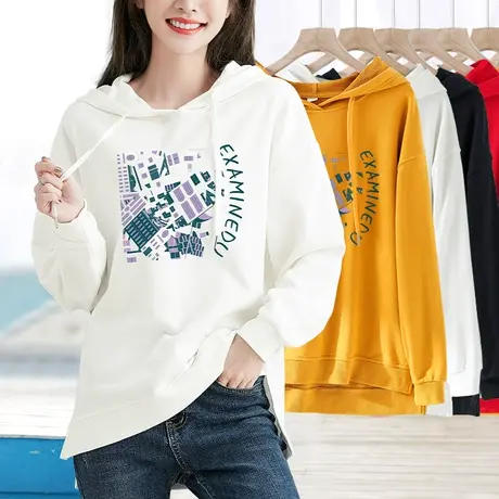 卫衣女士连帽印花长袖春秋新款套头中长款打底衫宽松显瘦大码上衣商品大图