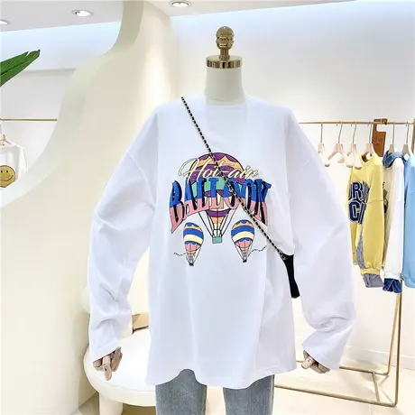 白色长袖t恤女2021春秋装新款韩版ins潮中长款宽松大码打底衫上衣商品大图