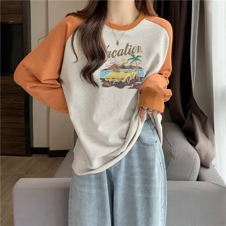 加绒加厚秋冬装卫衣长袖女韩版宽松显瘦百搭撞色插肩袖圆领上衣潮商品大图